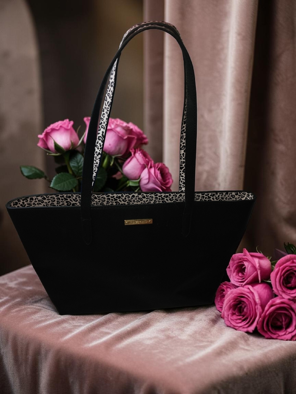 Betsey Johnson Black Tote with Leopard-Print Trim
